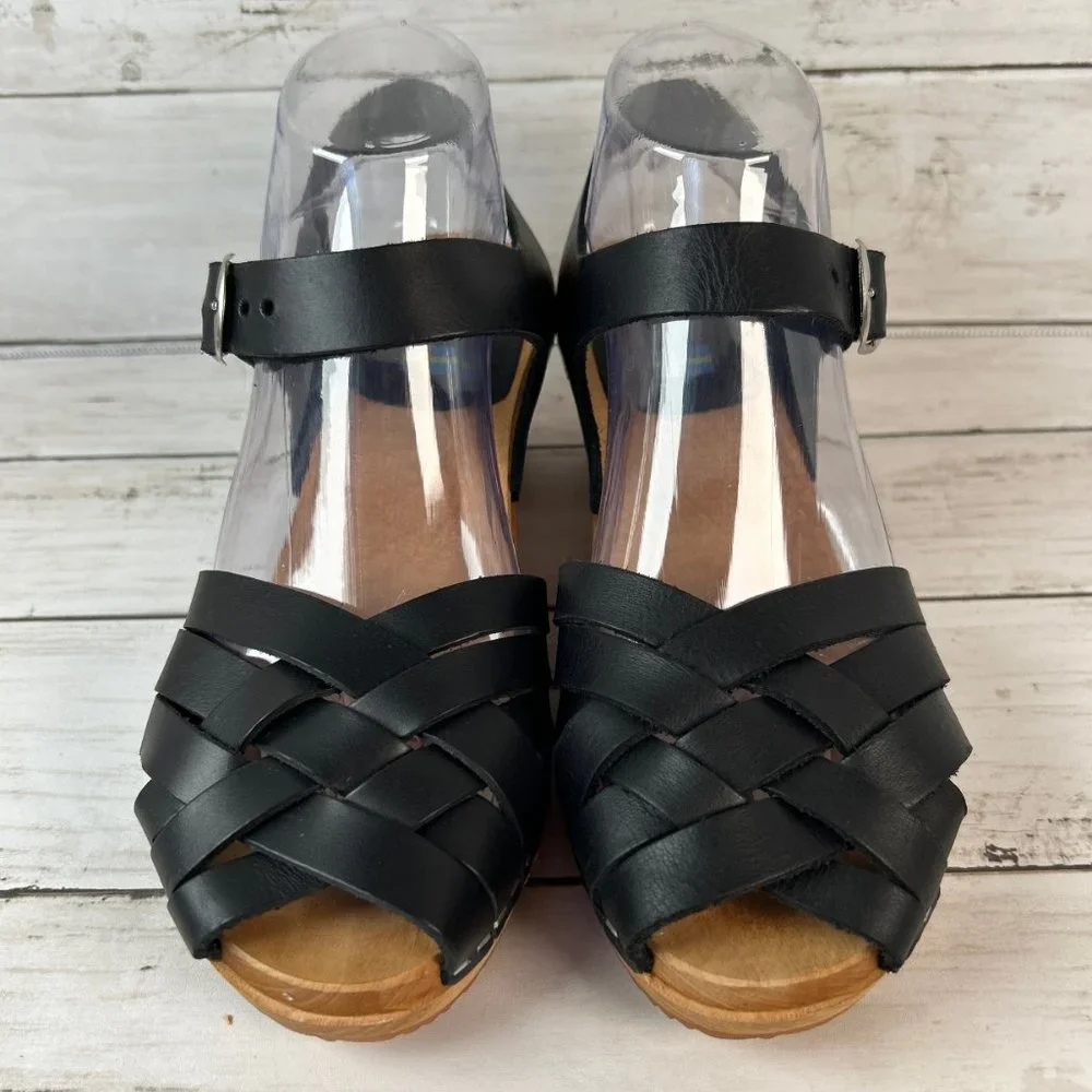 MIA Bety Sandals Womens 9M Black Leather Peep Toe Wooden Clogs Woven Adjustable - Picture 3 of 11